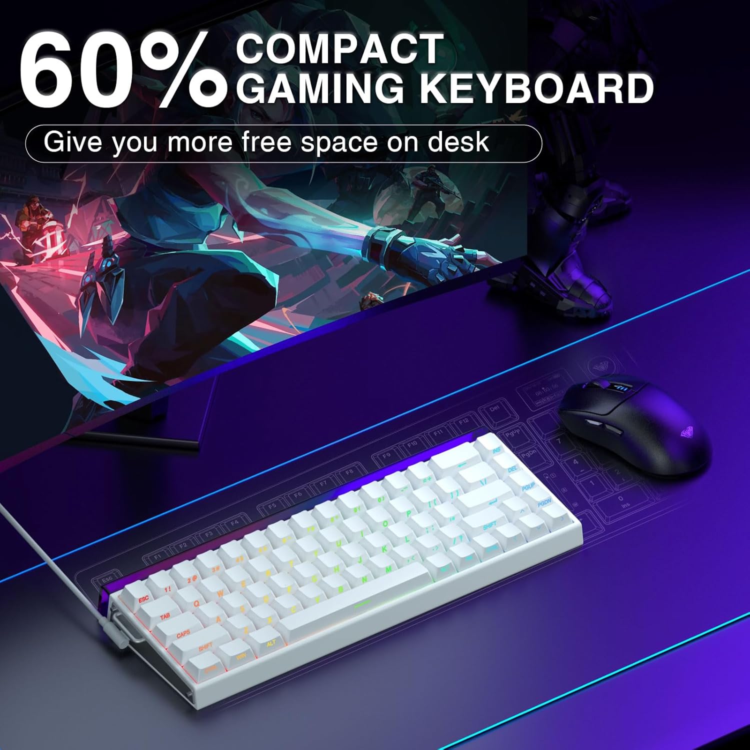 AULA 68 KEYS RGB 65% WIRED MECHANICAL GAMING KEYBOARD METEOR SWITCH WHT-GRY-BL HERO68HE - Image 2