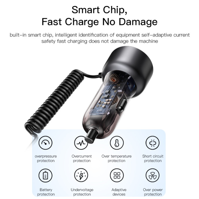 YESIDO 60W SUPER FAST CAR CHARGER WITH LIGHTNING TO TYPE C CABLE BLACK Y58 - Image 3