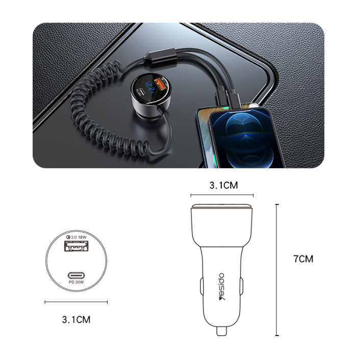 YESIDO 60W SUPER FAST CAR CHARGER WITH LIGHTNING TO TYPE C CABLE BLACK Y58 - Image 2