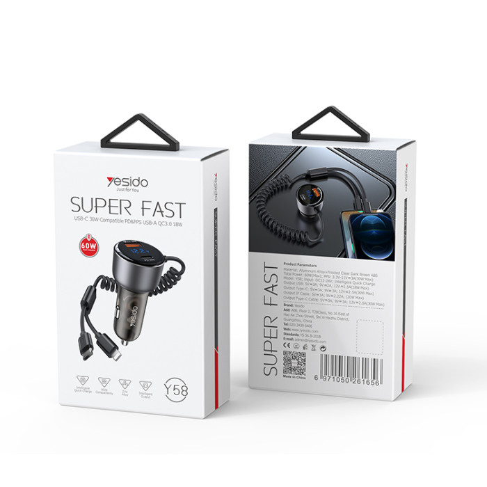 YESIDO 60W SUPER FAST CAR CHARGER WITH LIGHTNING TO TYPE C CABLE BLACK Y58 - Image 5