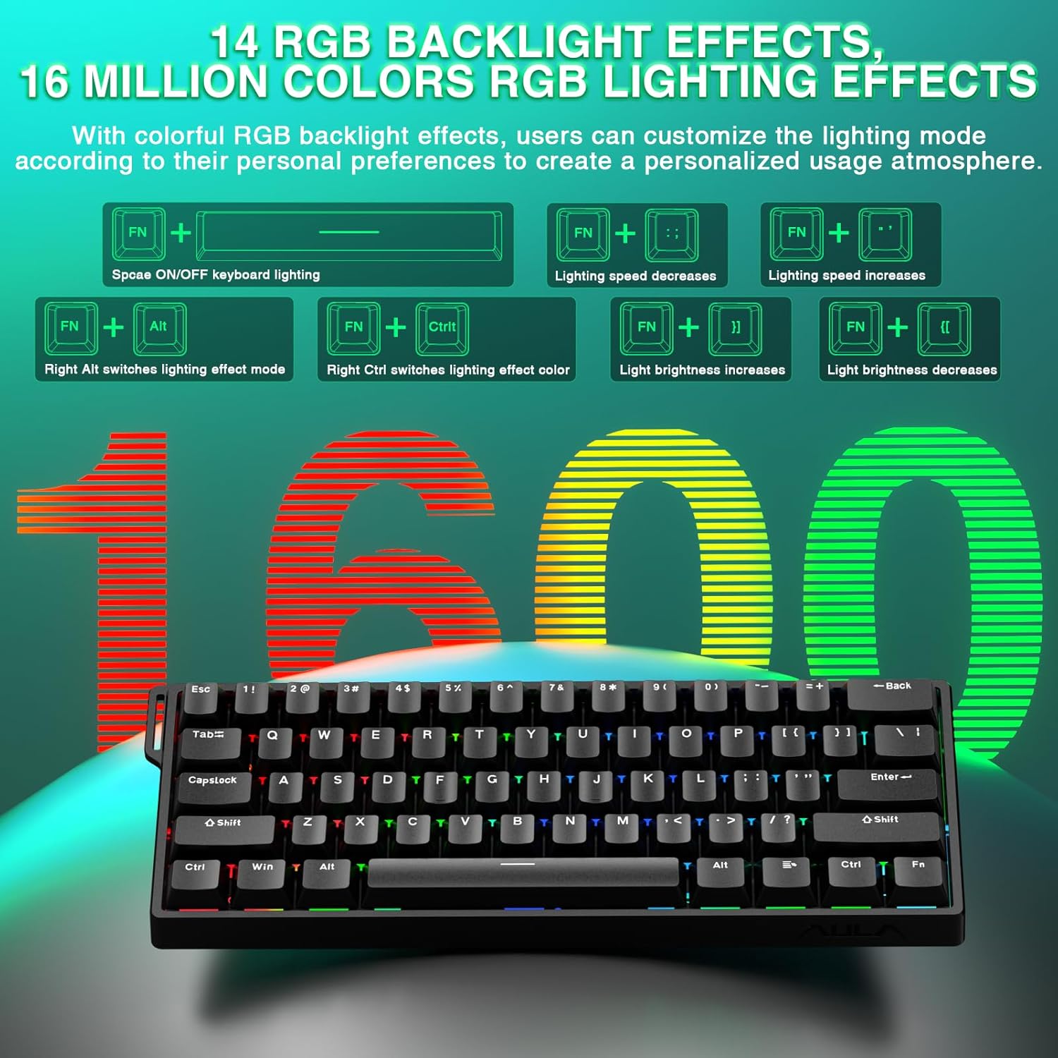 AULA 60 KEYS RGB 60% WIRED MECHANICAL GAMING KEYBOARD GRAYWOOD MAGNETIC SWITCH BLACK WIN60 - Image 4