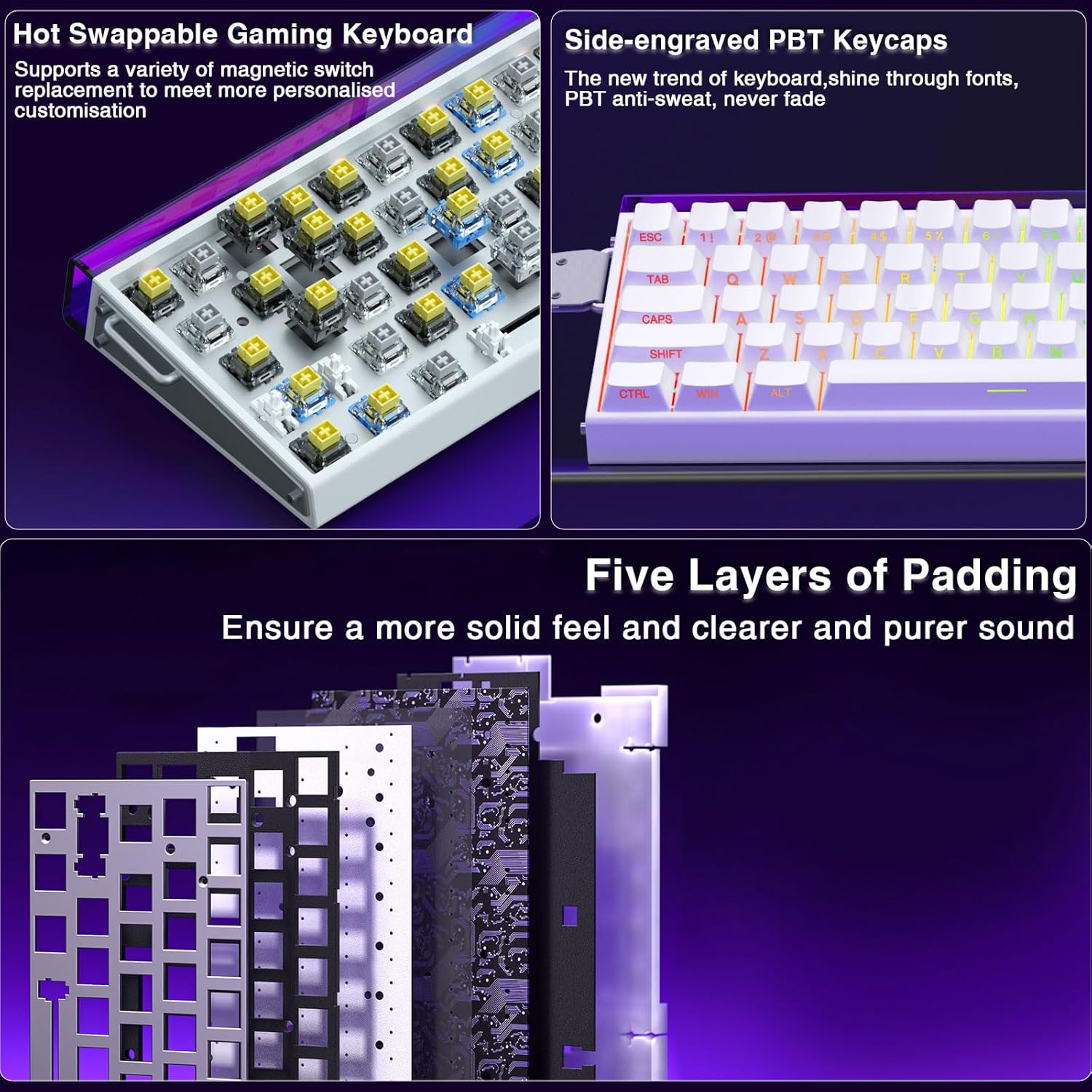 AULA 68 KEYS RGB 65% WIRED MECHANICAL GAMING KEYBOARD METEOR SWITCH WHT-GRY-BL HERO68HE - Image 4
