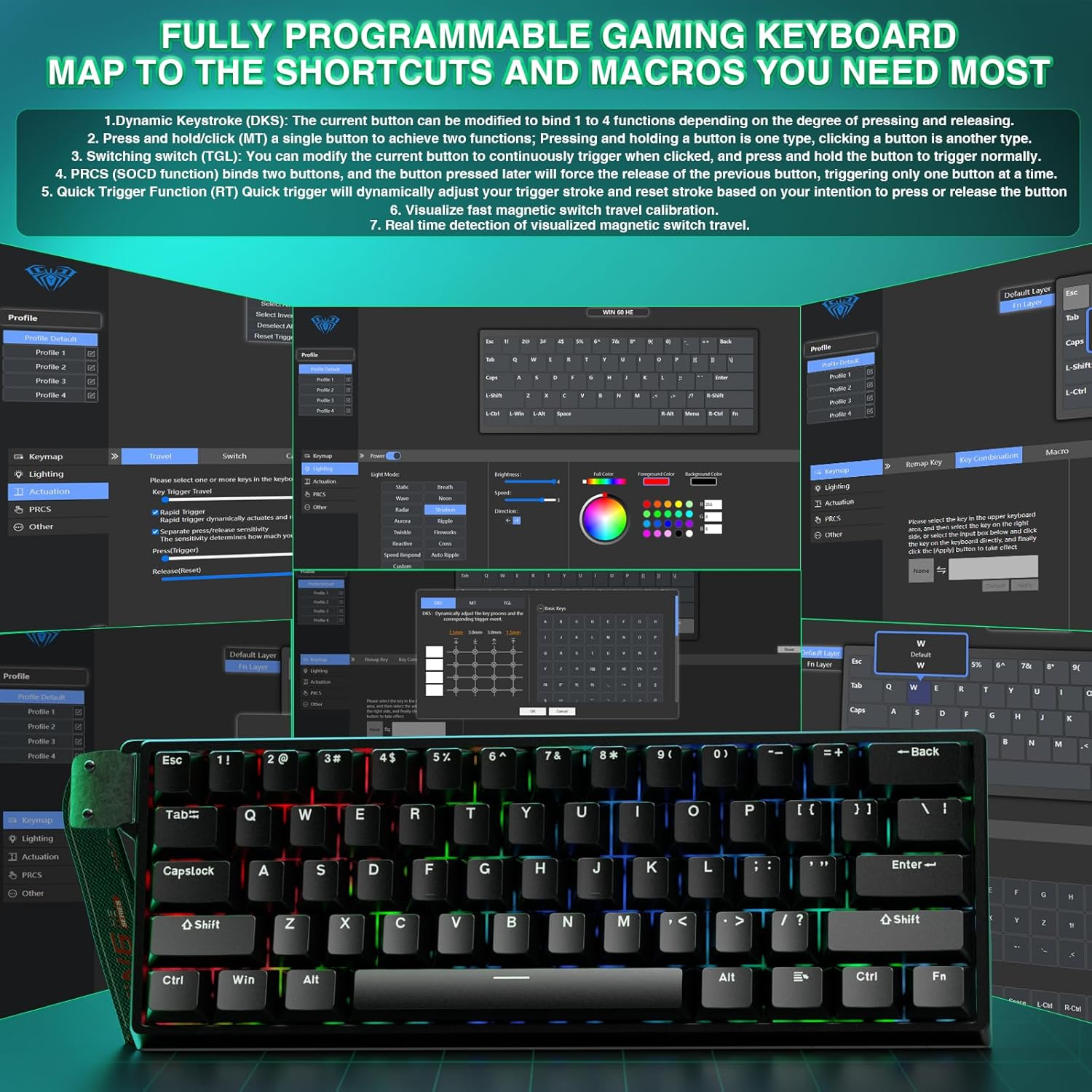 AULA 60 KEYS RGB 60% WIRED MECHANICAL GAMING KEYBOARD GRAYWOOD MAGNETIC SWITCH BLACK WIN60 - Image 3