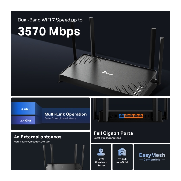 TP LINK BE3600 DUAL BAND WIFI 7 ROUTER ARCHER BE220 - Image 4