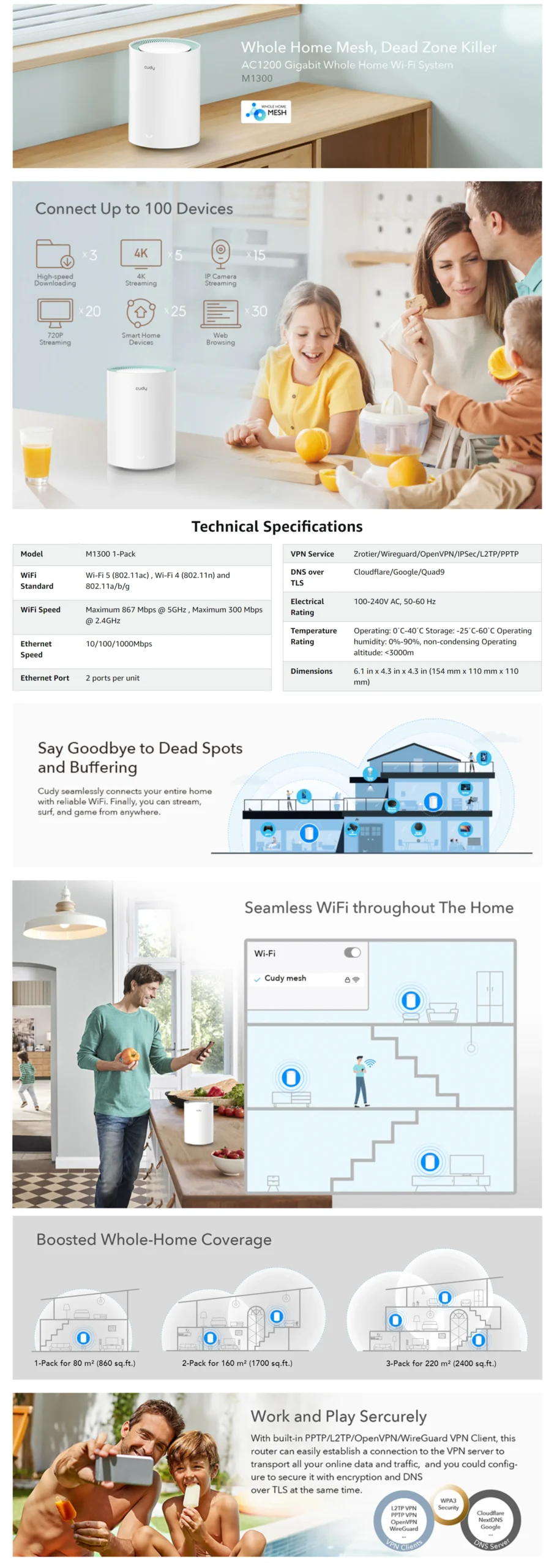 CUDY AC1200 GIGABIT DUAL BAND WHOLE HOME WI-FI MESH SYSTEM ROUTER WHITE M1300 (2-PACK) - Image 2
