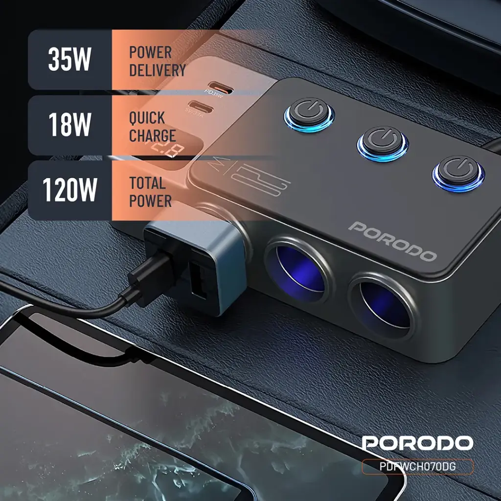 PORODO 120W CAR CHARGER HUB TRIPLE PORT LIGHTER SOCKET DARK GREY PDFWCH070DG - Image 9