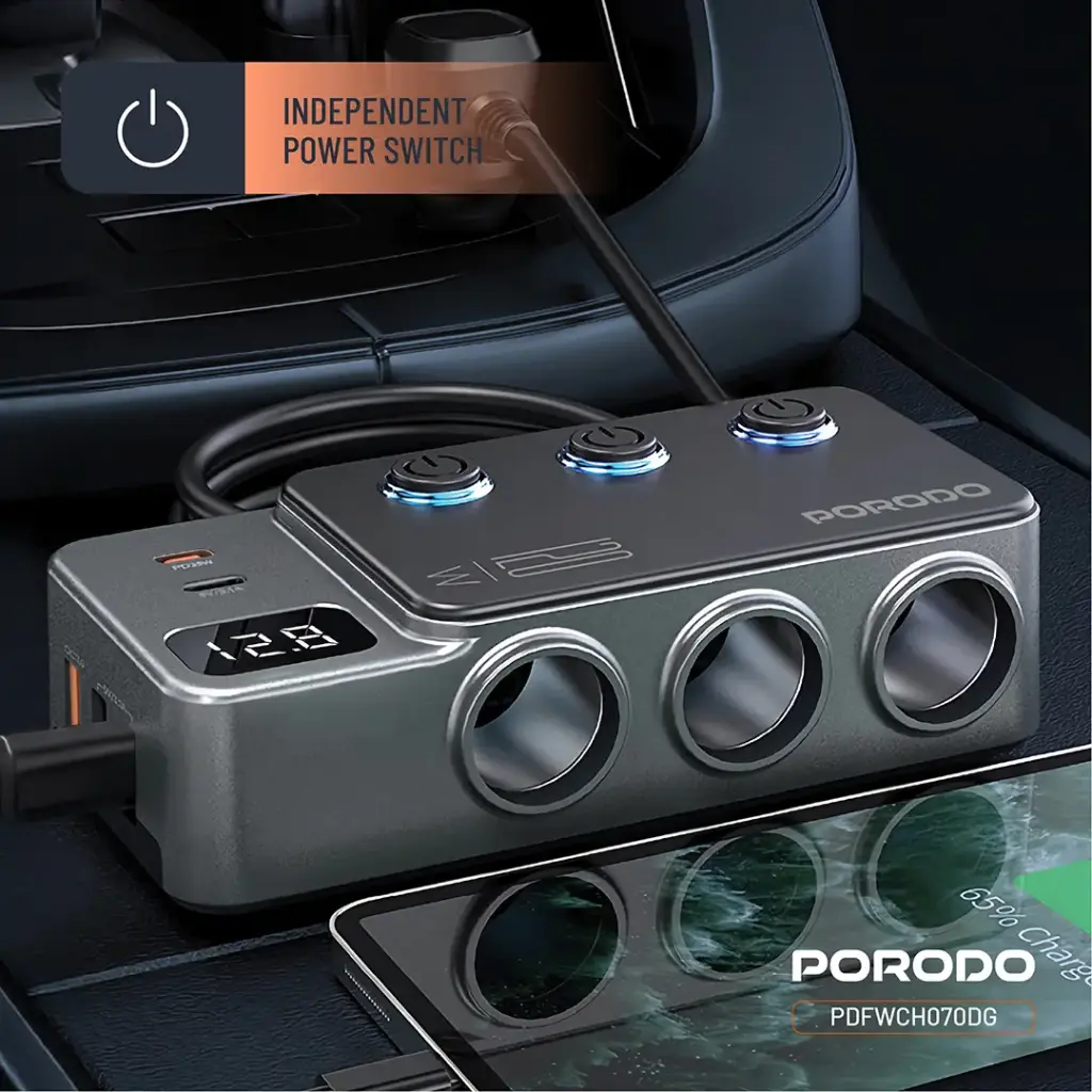 PORODO 120W CAR CHARGER HUB TRIPLE PORT LIGHTER SOCKET DARK GREY PDFWCH070DG - Image 8