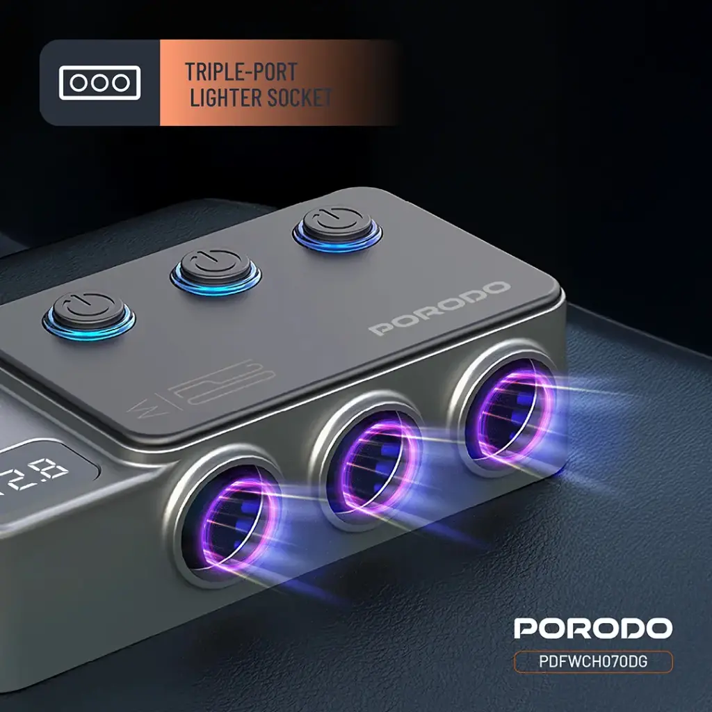 PORODO 120W CAR CHARGER HUB TRIPLE PORT LIGHTER SOCKET DARK GREY PDFWCH070DG - Image 7