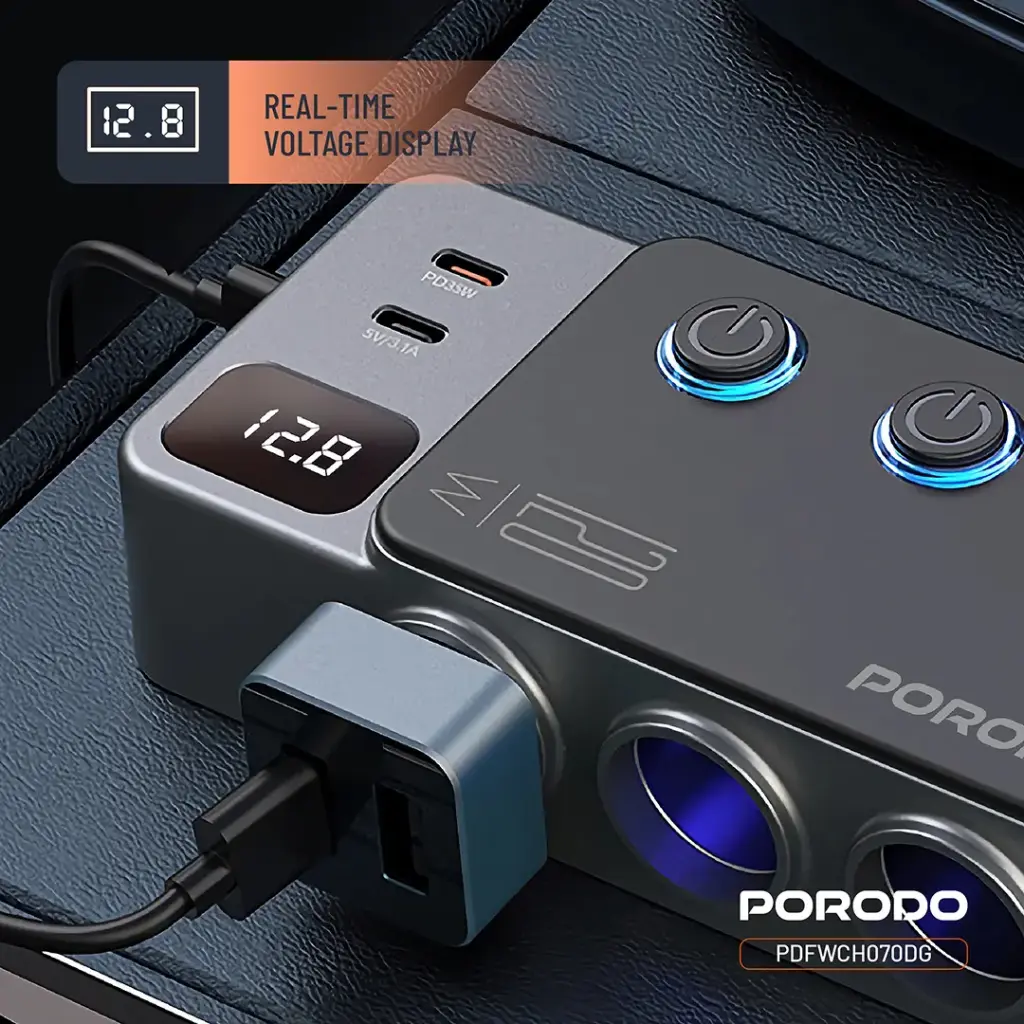 PORODO 120W CAR CHARGER HUB TRIPLE PORT LIGHTER SOCKET DARK GREY PDFWCH070DG - Image 6