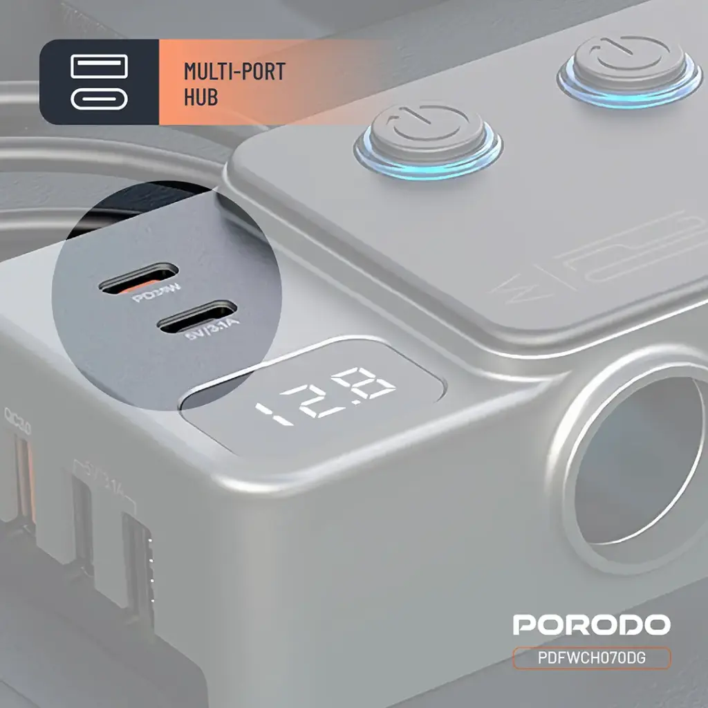 PORODO 120W CAR CHARGER HUB TRIPLE PORT LIGHTER SOCKET DARK GREY PDFWCH070DG - Image 5