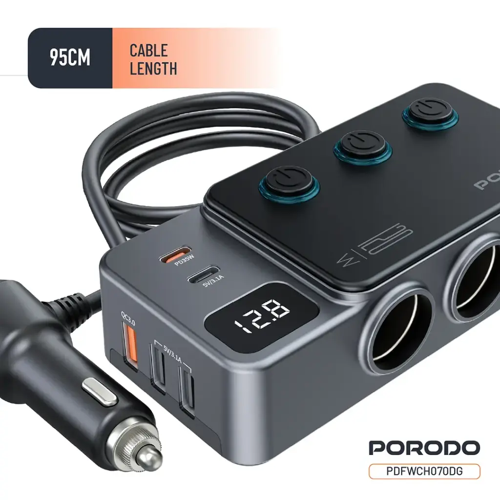 PORODO 120W CAR CHARGER HUB TRIPLE PORT LIGHTER SOCKET DARK GREY PDFWCH070DG - Image 4