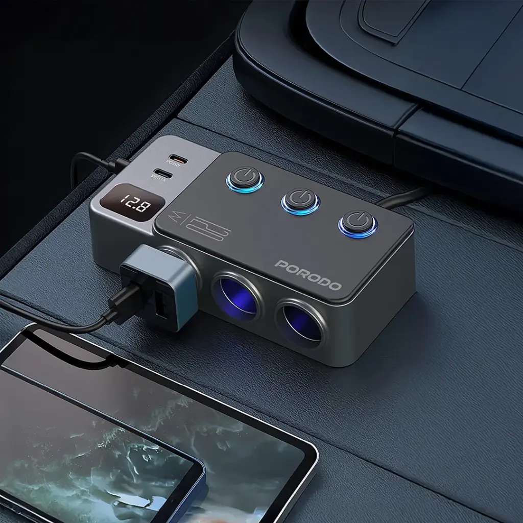 PORODO 120W CAR CHARGER HUB TRIPLE PORT LIGHTER SOCKET DARK GREY PDFWCH070DG - Image 3