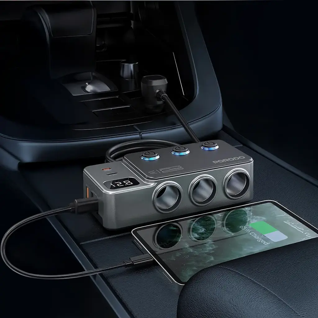 PORODO 120W CAR CHARGER HUB TRIPLE PORT LIGHTER SOCKET DARK GREY PDFWCH070DG - Image 2