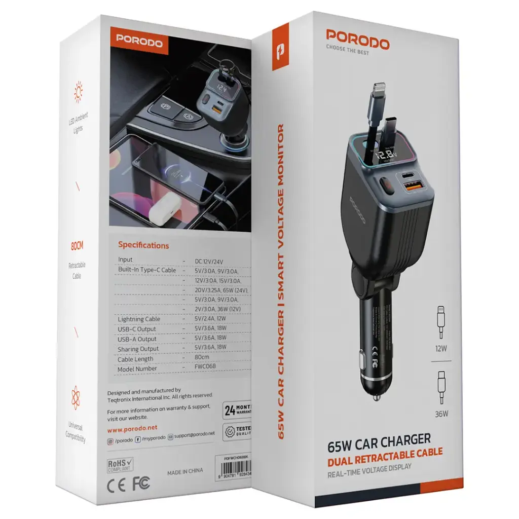 PORODO 65W CAR CHARGER DUAL RETRACTABLE CABLE BLACK PDFWCH068BK - Image 4