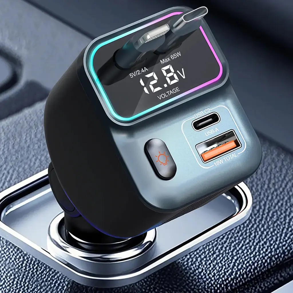 PORODO 65W CAR CHARGER DUAL RETRACTABLE CABLE BLACK PDFWCH068BK - Image 3