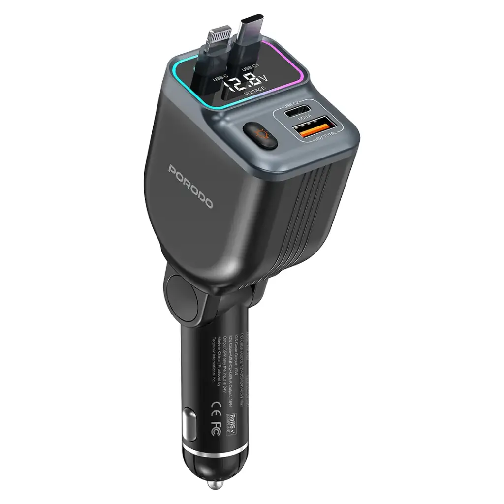 PORODO 65W CAR CHARGER DUAL RETRACTABLE CABLE BLACK PDFWCH068BK - Image 5