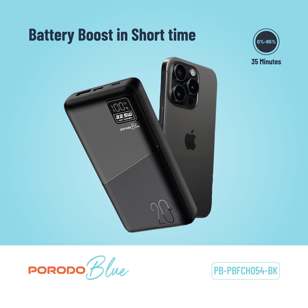 PORODO BLUE 20000MAH QUICK CHARGE POWERBANK USB A AND USB C OUTPUT PD20W BLACK PB-PBFCH054-BK - Image 3