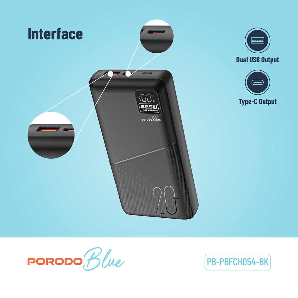 PORODO BLUE 20000MAH QUICK CHARGE POWERBANK USB A AND USB C OUTPUT PD20W BLACK PB-PBFCH054-BK - Image 4