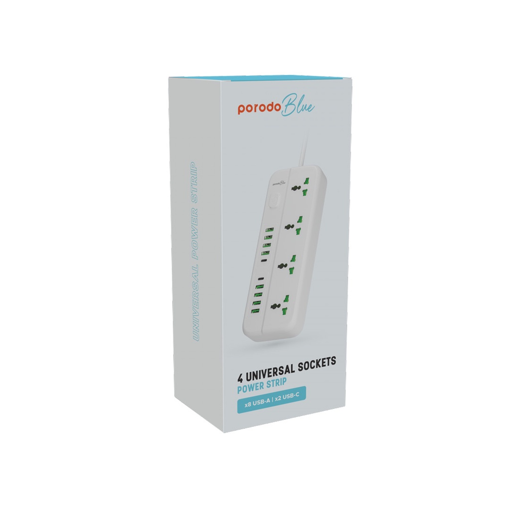 PORODO BLUE 4 UNIVERSAL SOCKET POWER STRIP 3M WHITE PB-4ACPS2C8A-WH - Image 3