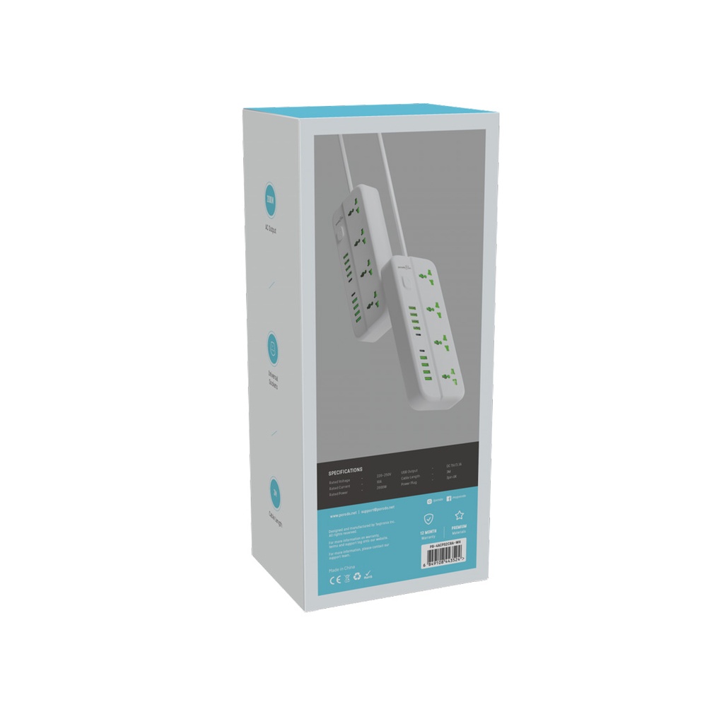 PORODO BLUE 4 UNIVERSAL SOCKET POWER STRIP 3M WHITE PB-4ACPS2C8A-WH - Image 2