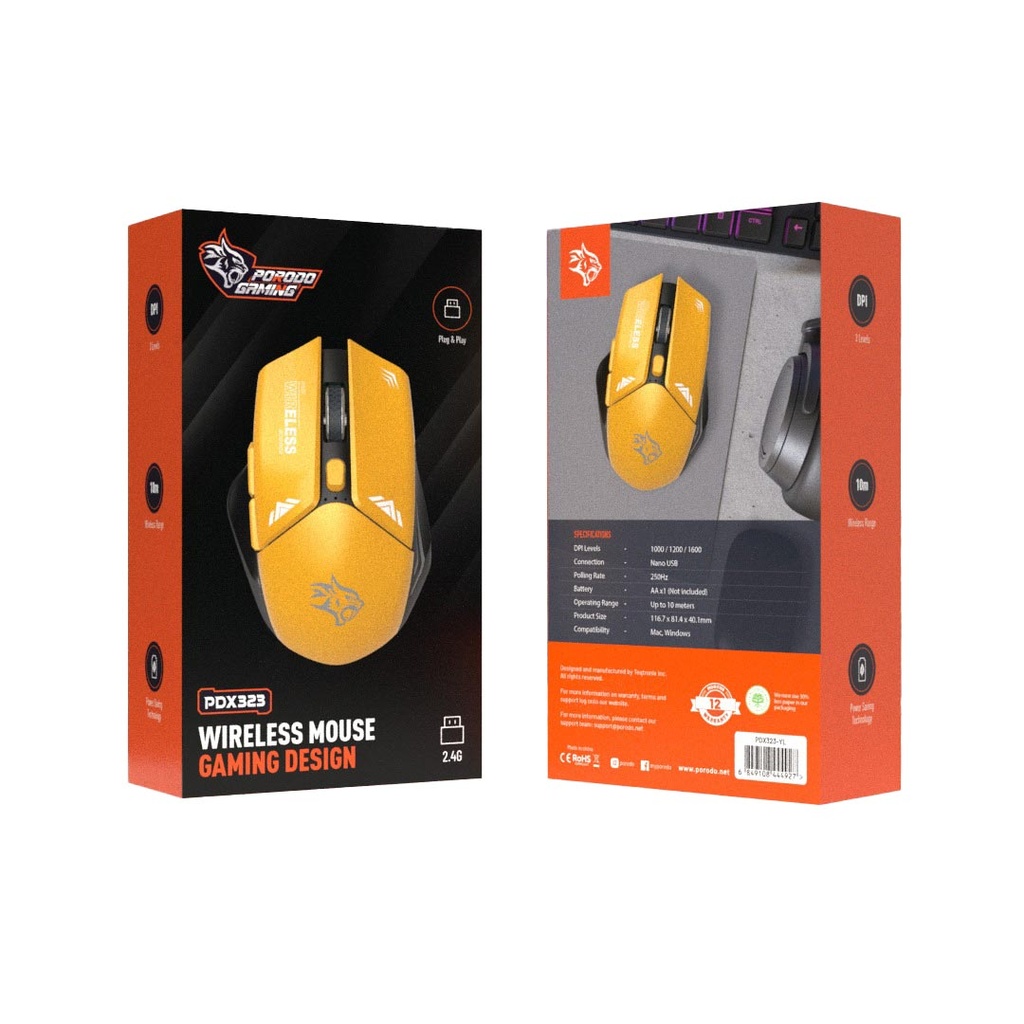 PORODO GAMING DESIGN WIRELESS MOUSE YELLOW PD323-YL - Image 4