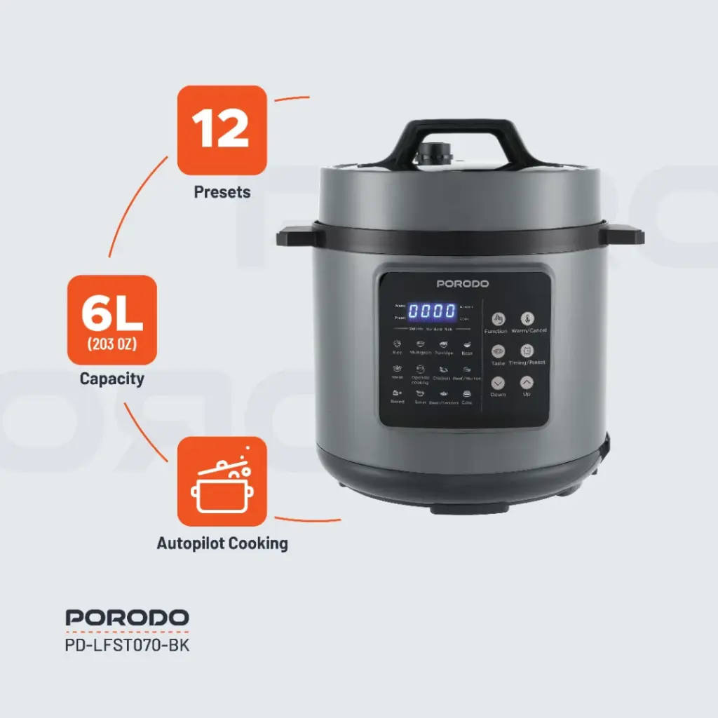 PORODO LIFESTYLE 1300W MULTI CUISINE PRESSURE COOKER BLACK PD-LFST070-BK - Image 11