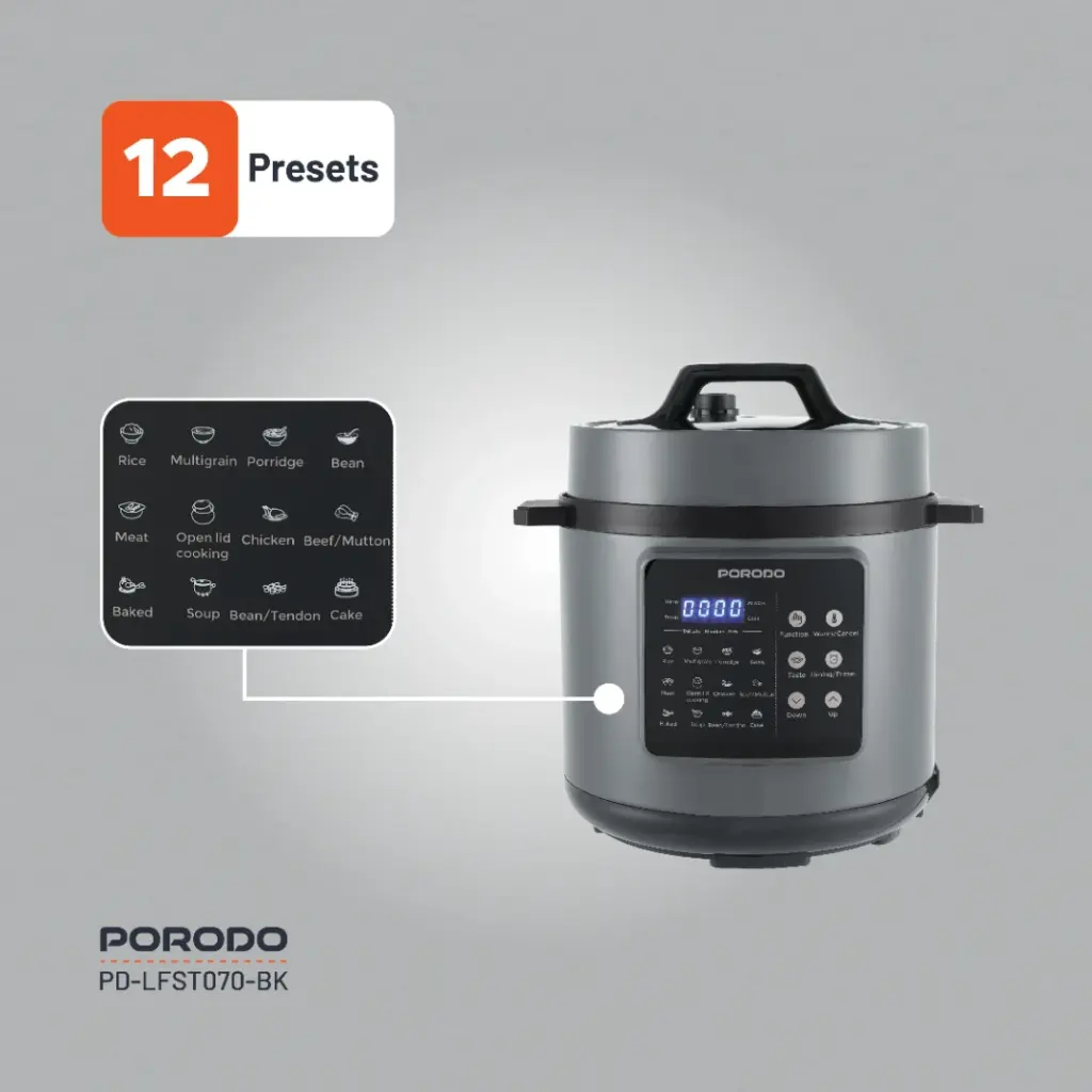 PORODO LIFESTYLE 1300W MULTI CUISINE PRESSURE COOKER BLACK PD-LFST070-BK - Image 2