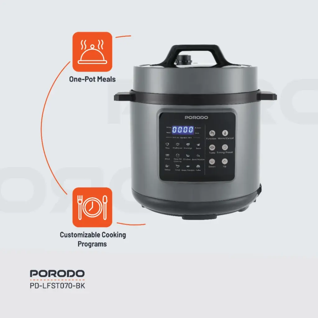 PORODO LIFESTYLE 1300W MULTI CUISINE PRESSURE COOKER BLACK PD-LFST070-BK - Image 5