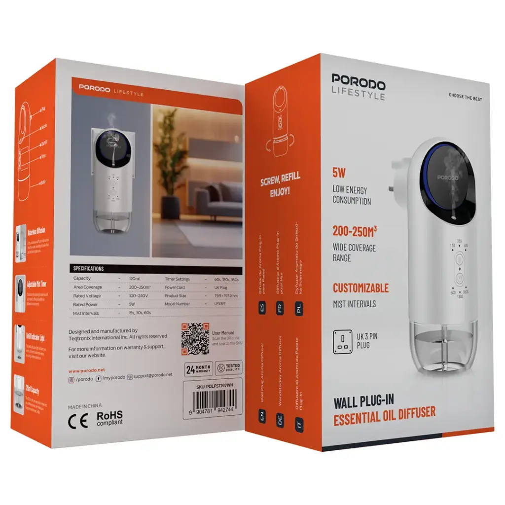 PORODO LIFESTYLE WALL PLUG IN ESSENTIAL OIL DIFFUSER WHITE PDLFST197WH - Image 4