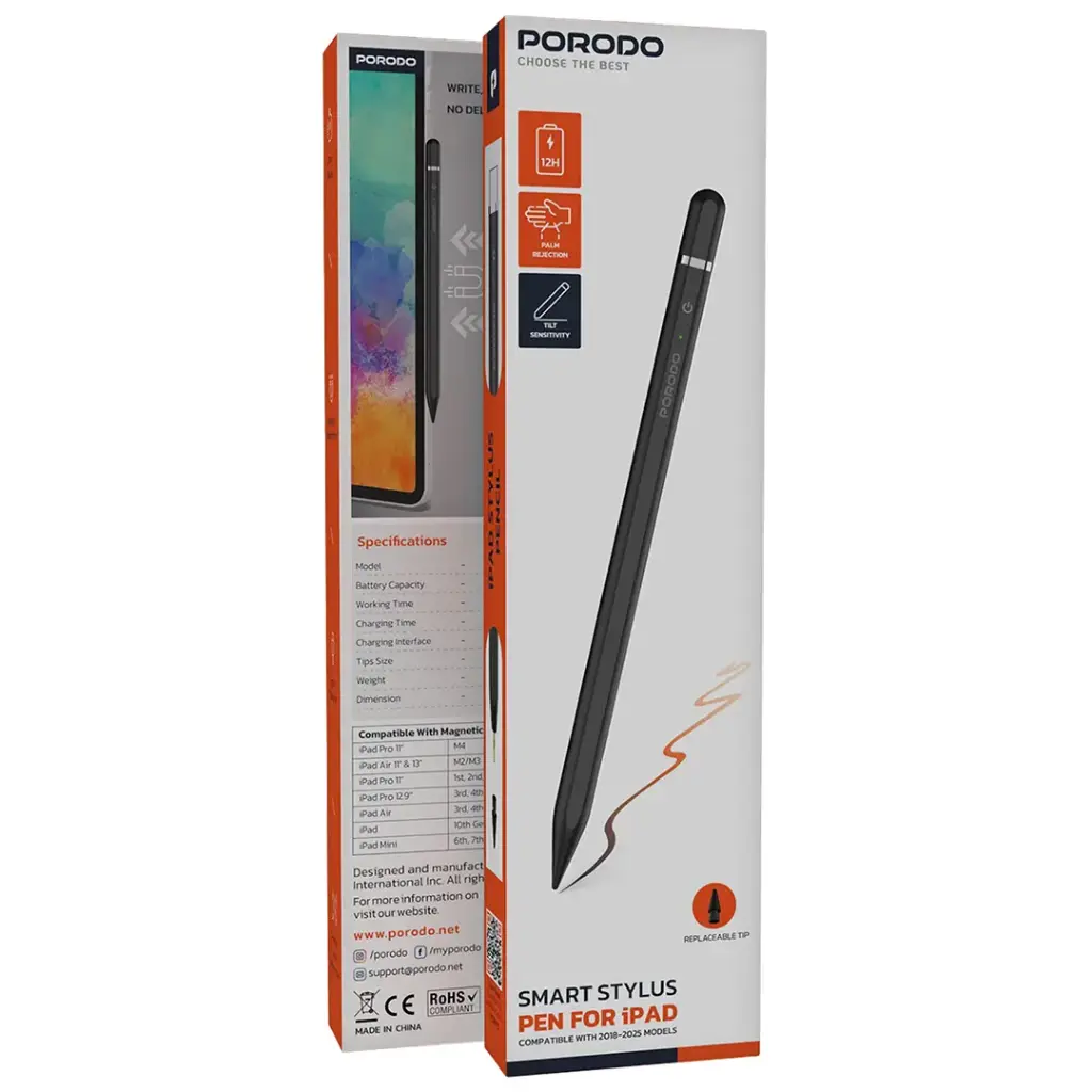 PORODO SMART STYLUS PEN FOR IPAD COMPITIBLE WITH 2018 TO 2025 MODELS BLACK PDSPP7CBK - Image 4