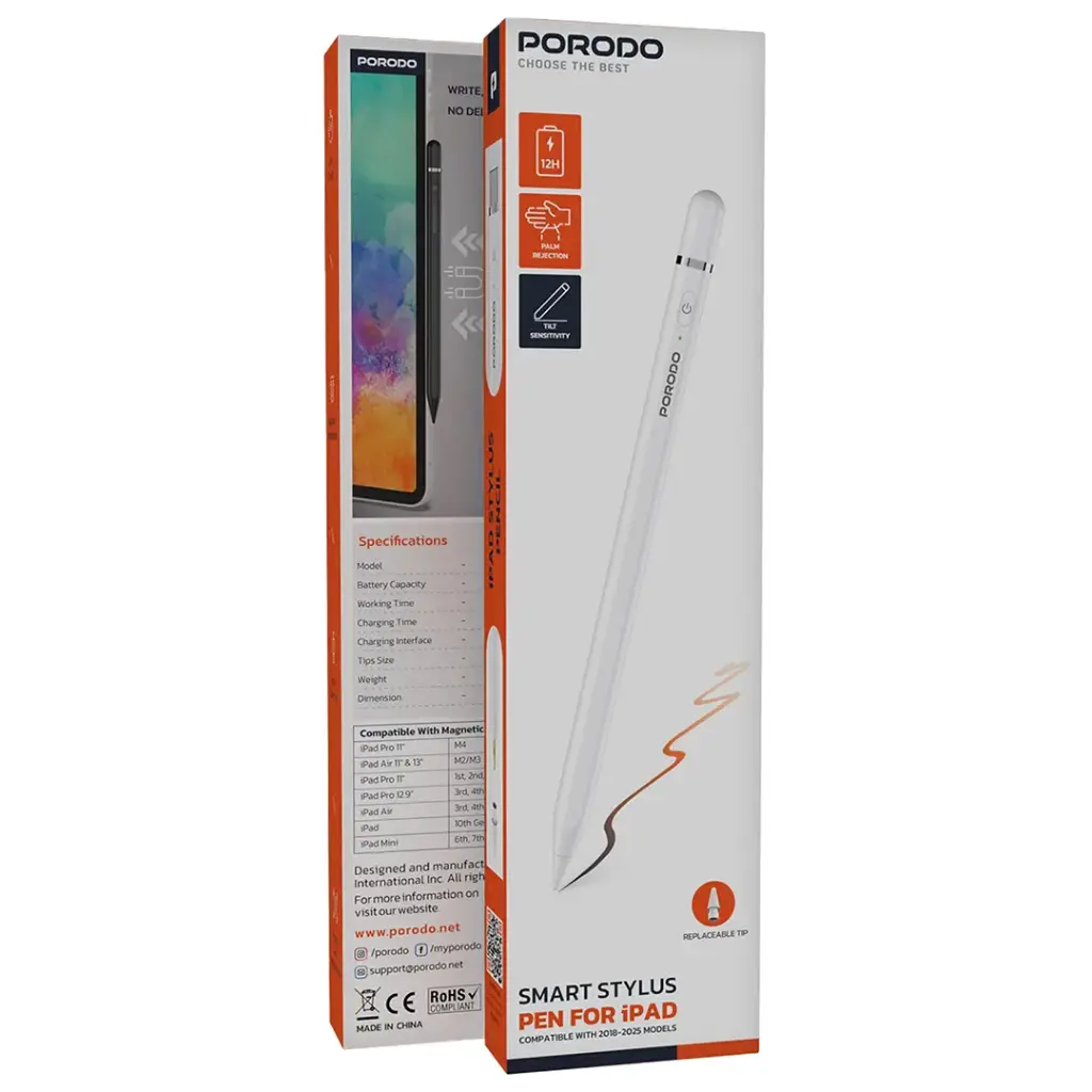 PORODO SMART STYLUS PEN FOR IPAD COMPITIBLE WITH 2018 TO 2025 MODELS WHITE PDSPP7CWH - Image 3