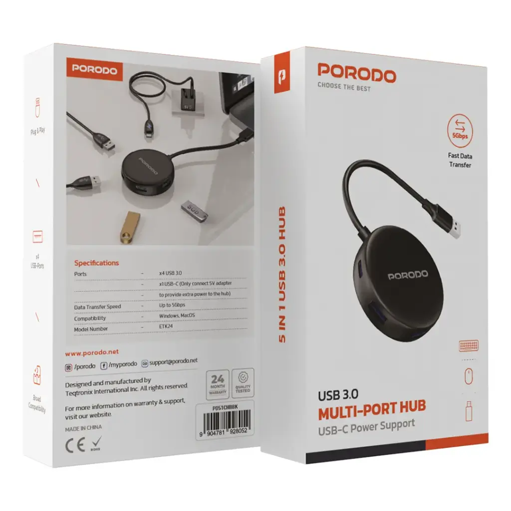 PORODO USB 3.0 MULTI-PORT HUB USB-C POWER SUPORT BLACK PD51CHBBK - Image 2