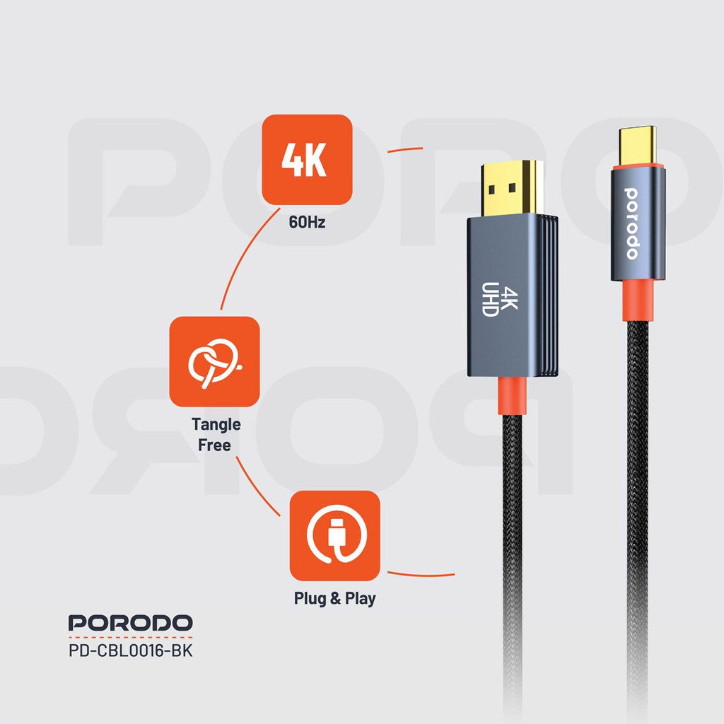 PORODO WOVEN BRAIDED TYPE C HDMI CABLE BLACK ORANGE 2M PD-CBL0016-BK - Image 8