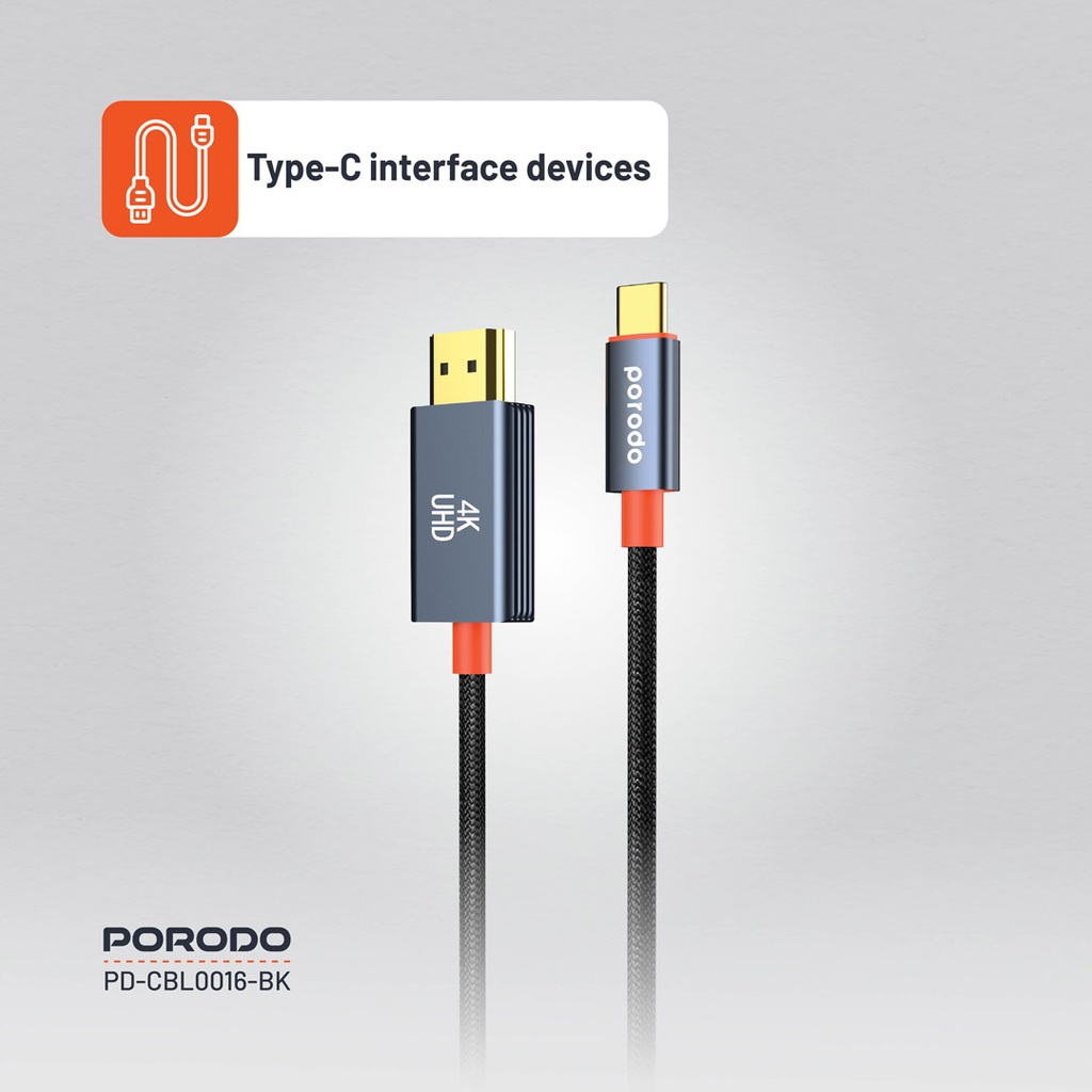 PORODO WOVEN BRAIDED TYPE C HDMI CABLE BLACK ORANGE 2M PD-CBL0016-BK - Image 7