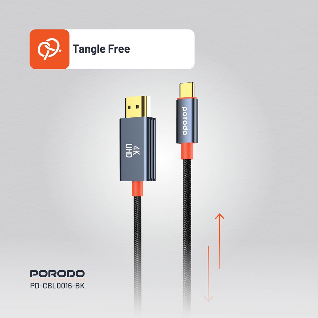PORODO WOVEN BRAIDED TYPE C HDMI CABLE BLACK ORANGE 2M PD-CBL0016-BK - Image 6