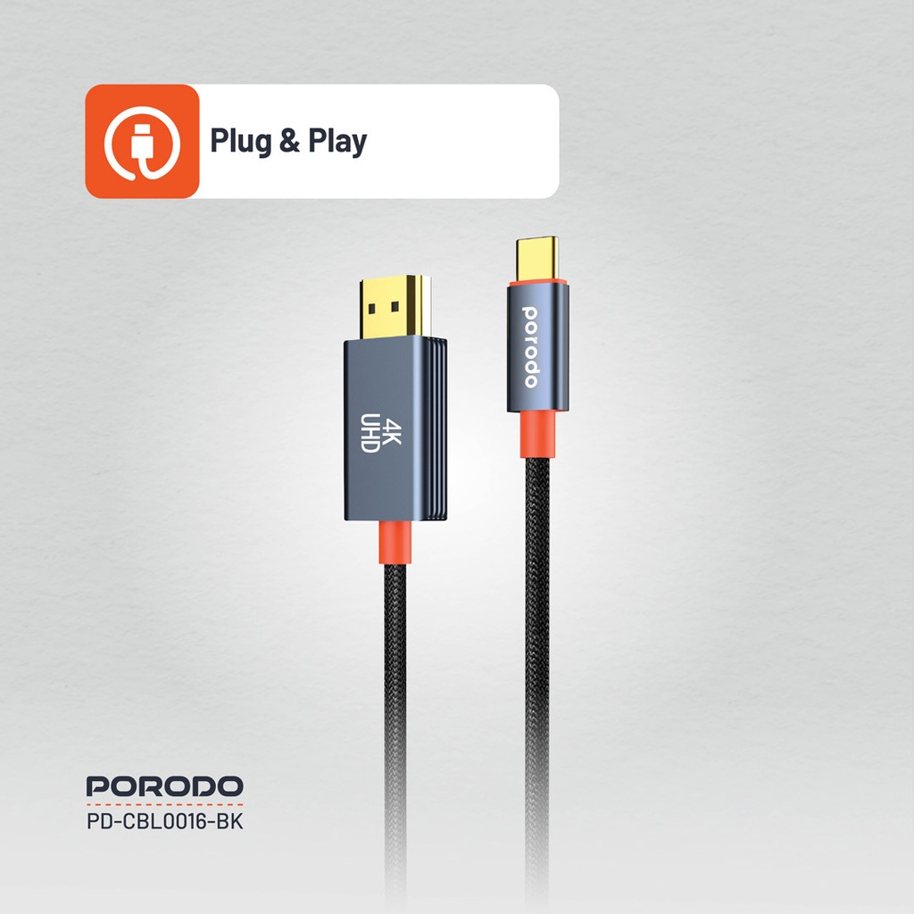 PORODO WOVEN BRAIDED TYPE C HDMI CABLE BLACK ORANGE 2M PD-CBL0016-BK - Image 5