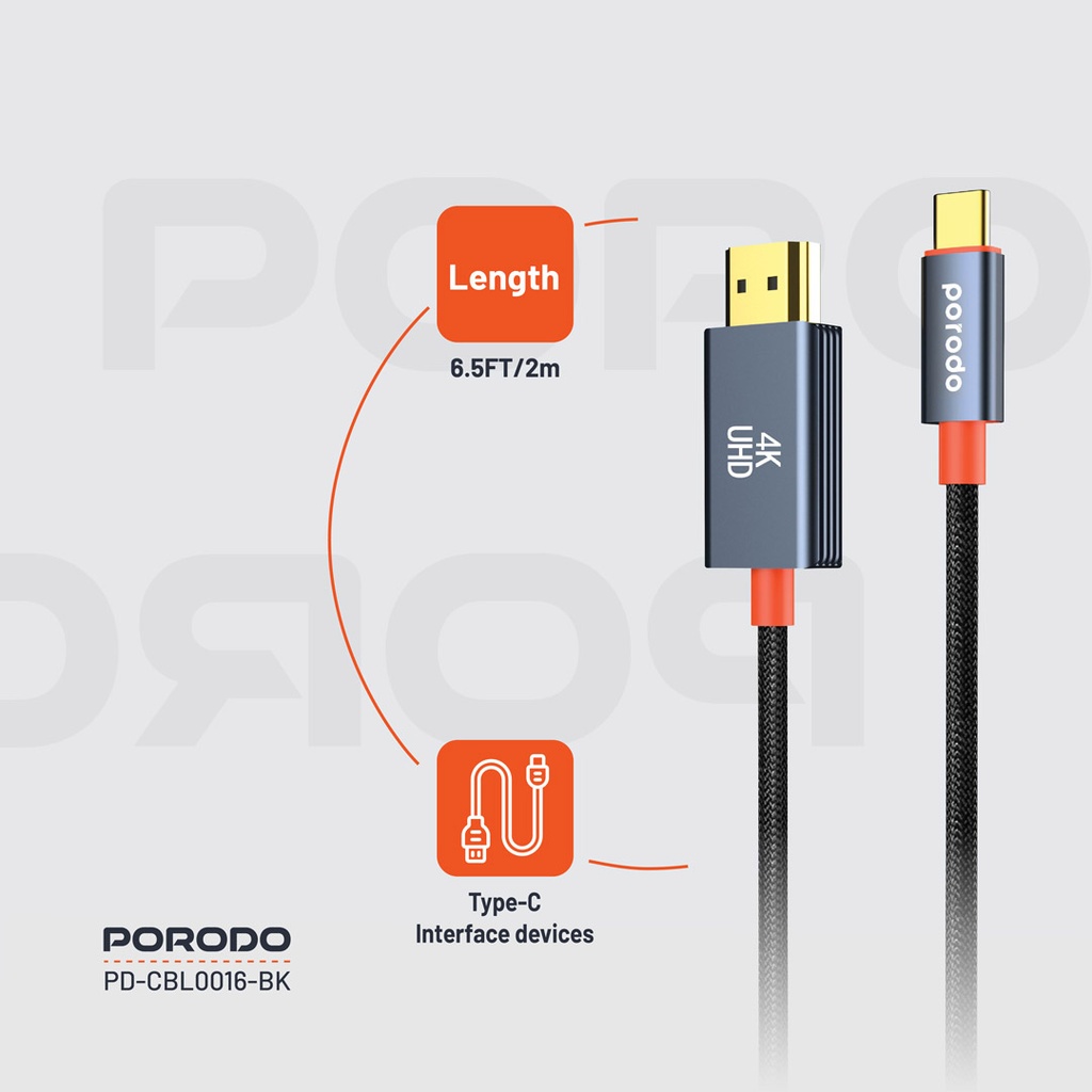 PORODO WOVEN BRAIDED TYPE C HDMI CABLE BLACK ORANGE 2M PD-CBL0016-BK - Image 4
