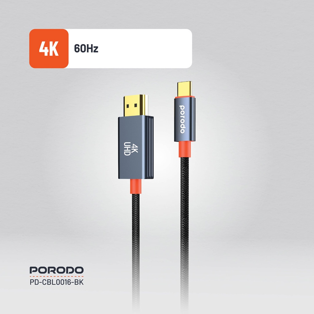 PORODO WOVEN BRAIDED TYPE C HDMI CABLE BLACK ORANGE 2M PD-CBL0016-BK - Image 3