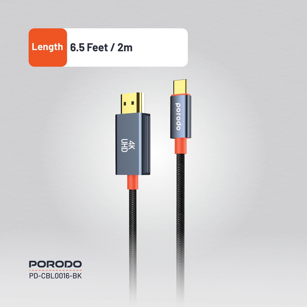 PORODO WOVEN BRAIDED TYPE C HDMI CABLE BLACK ORANGE 2M PD-CBL0016-BK - Image 2