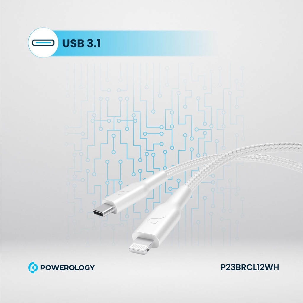 POWEROLOGY BRAIDED USB C TO USB C LIGHTNING DATA CABLE 1.2M WHITE - Image 2