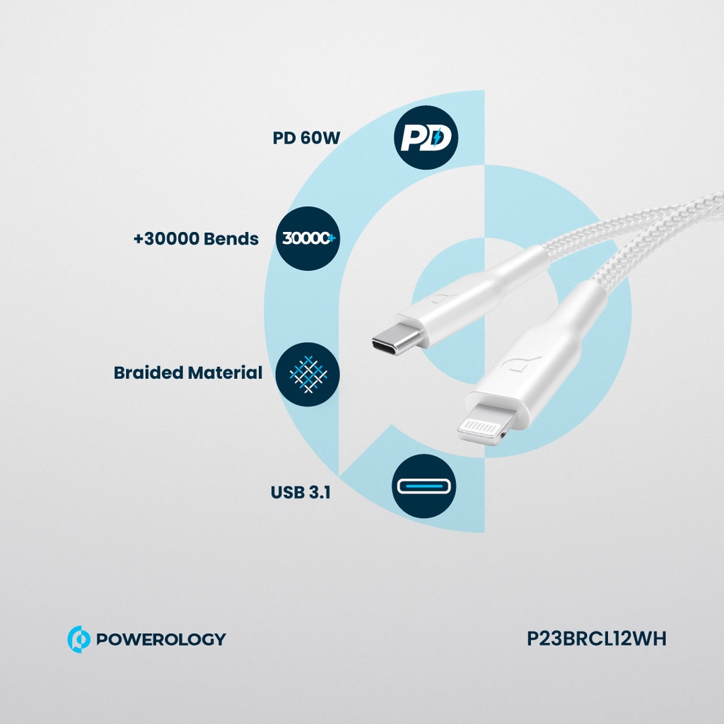 POWEROLOGY BRAIDED USB C TO USB C LIGHTNING DATA CABLE 1.2M WHITE - Image 6