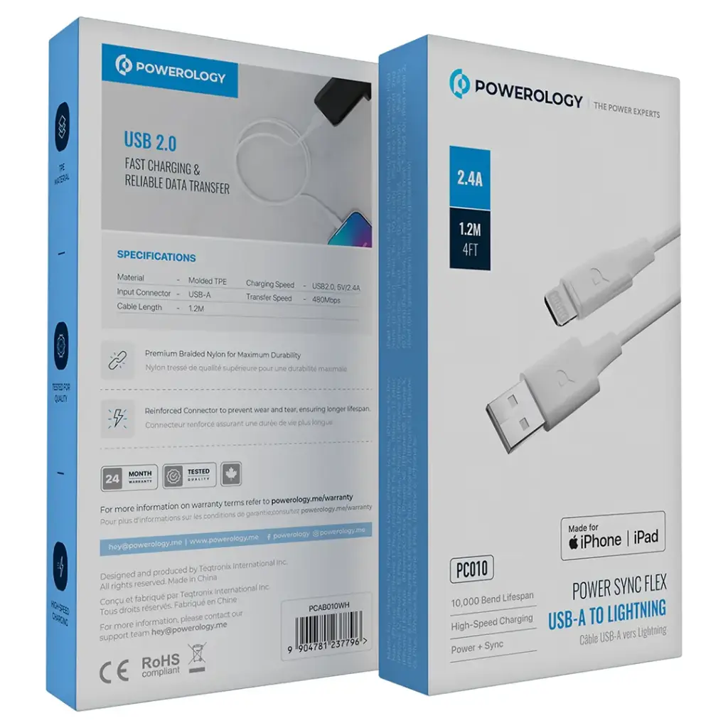 POWEROLOGY POWER SYNC FLEX USB A TO LIGHTNING CABLE 1.2M WHITE PCAB010WH - Image 3