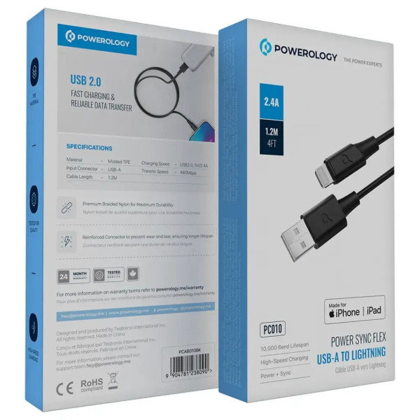 POWEROLOGY POWER SYNC FLEX USB A TO LIGHTNING CABLE 2M BLACK PCAB011BK - Image 2