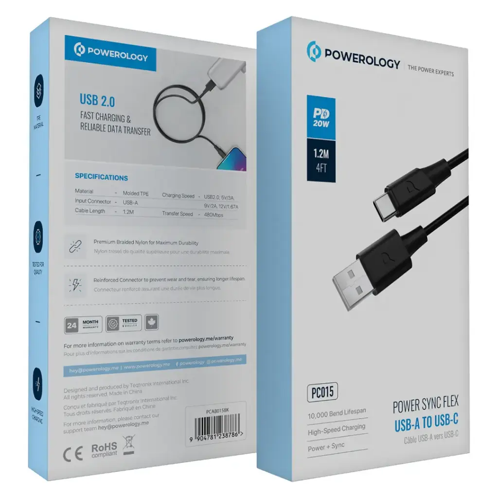 POWEROLOGY POWER SYNC FLEX USB A TO USB C CABLE 1.2M BLACK PCAB015BK - Image 3