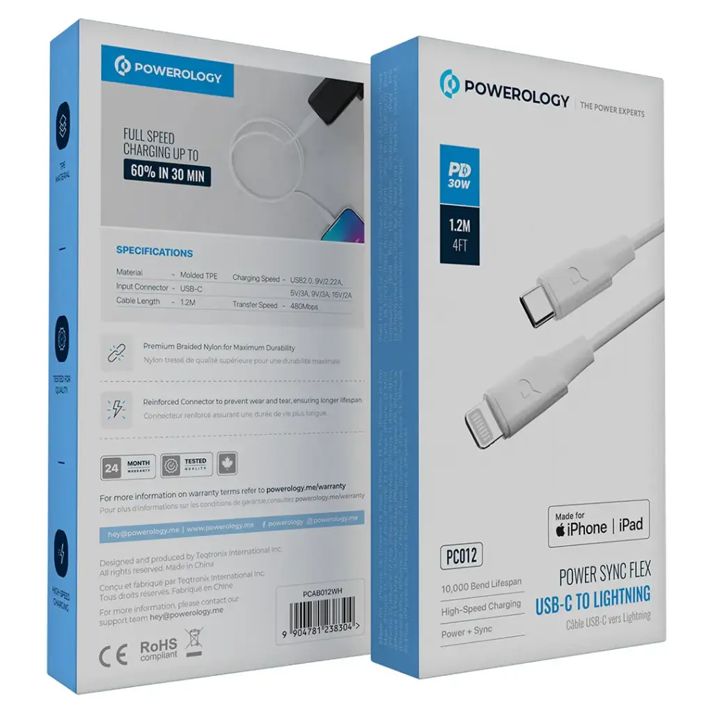 POWEROLOGY POWER SYNC FLEX USB C TO LIGHTNING CABLE 1.2M WHITE PCAB012WH - Image 3