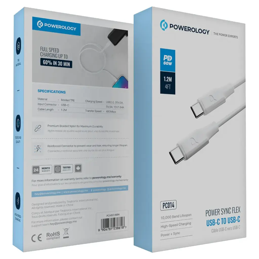 POWEROLOGY POWER SYNC FLEX USB C TO USB C CABLE 1.2M WHITE PCAB014WH - Image 4