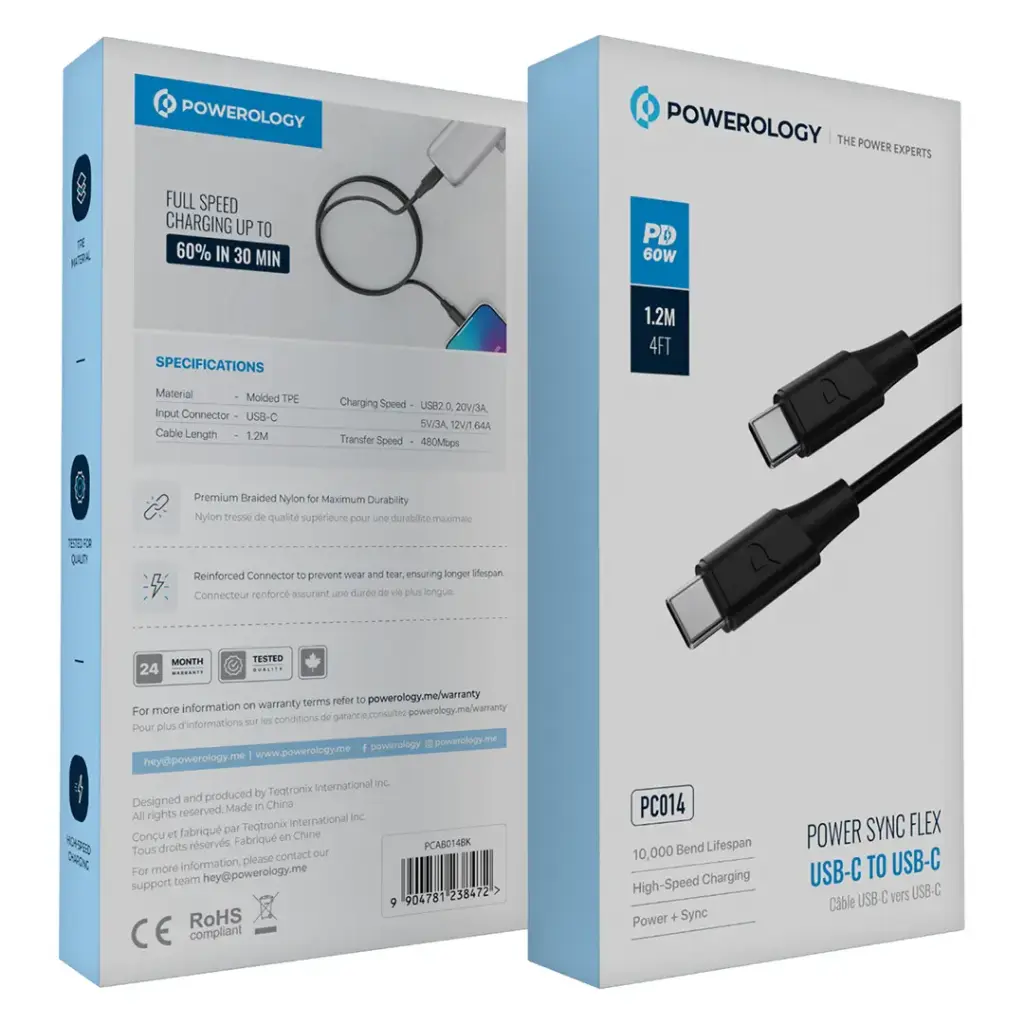 POWEROLOGY POWER SYNC FLEX USB C TO USB C CABLE 1.2M BLACK PCAB014BK - Image 3