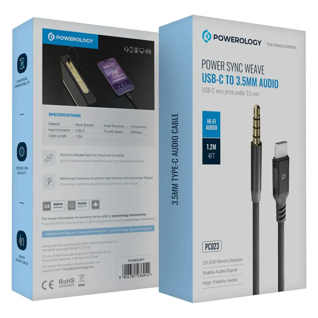POWEROLOGY SYNC WEAVE USB C TO 3.5MM AUDIO CABLE 1.2M GRAY PCAB023GY - Image 3