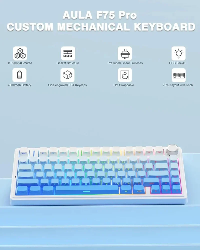 AULA 75 KEYS RGB 75% MECHANICAL GAMING KEYBOARD WHITE GRADIENT BLUE PAPER SWITCH - Image 5