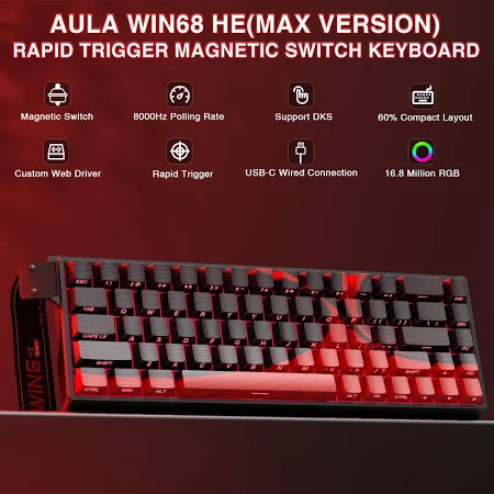 AULA 68 KEYS RGB 65% WIRED MECHANICAL GAMING KEYBOARD WING CHUN MAGNETIC SWITCH BLACK WIN68 - Image 8